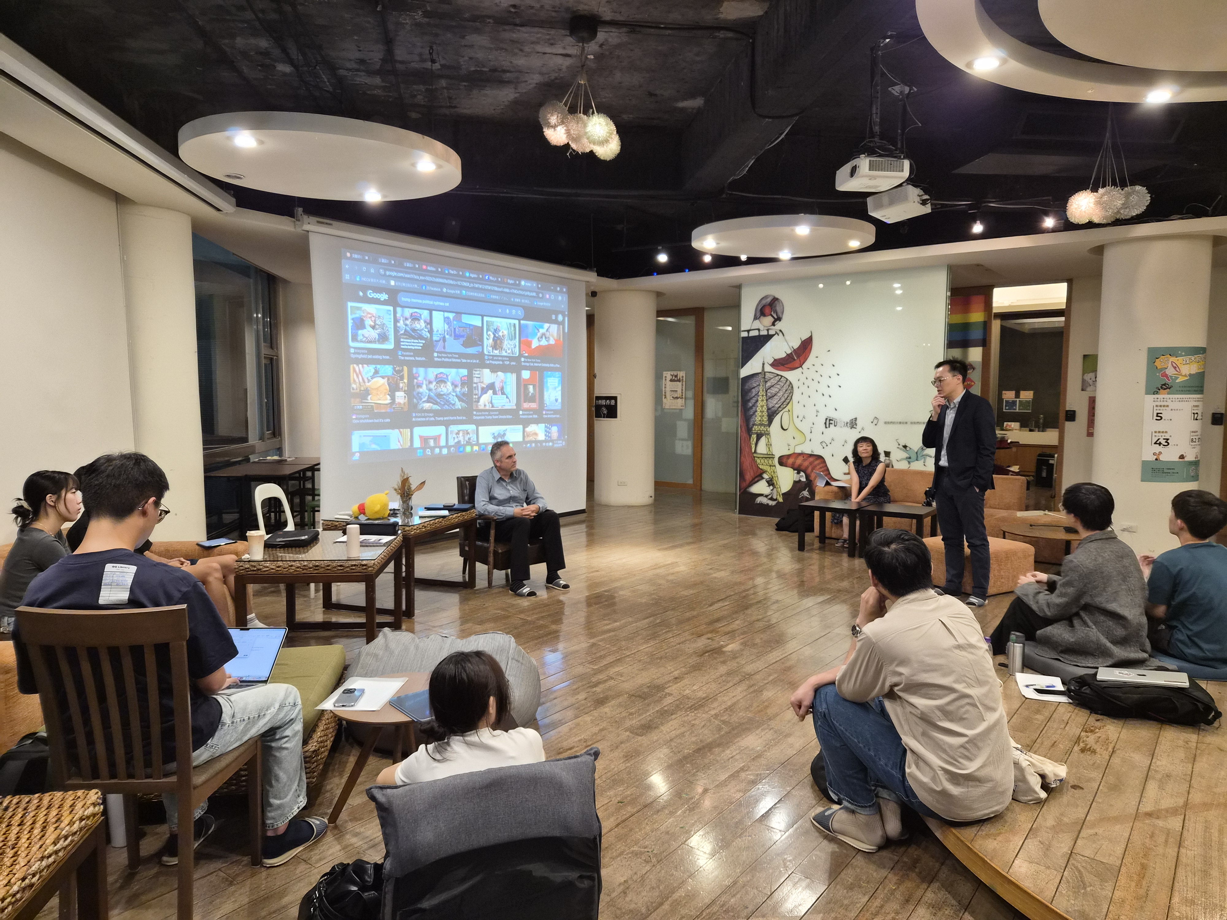 Dr. Scott R. Stroud joins a student study group discussion on pragmatism, democracy, and AI ethics. (Photo by College of Communication)